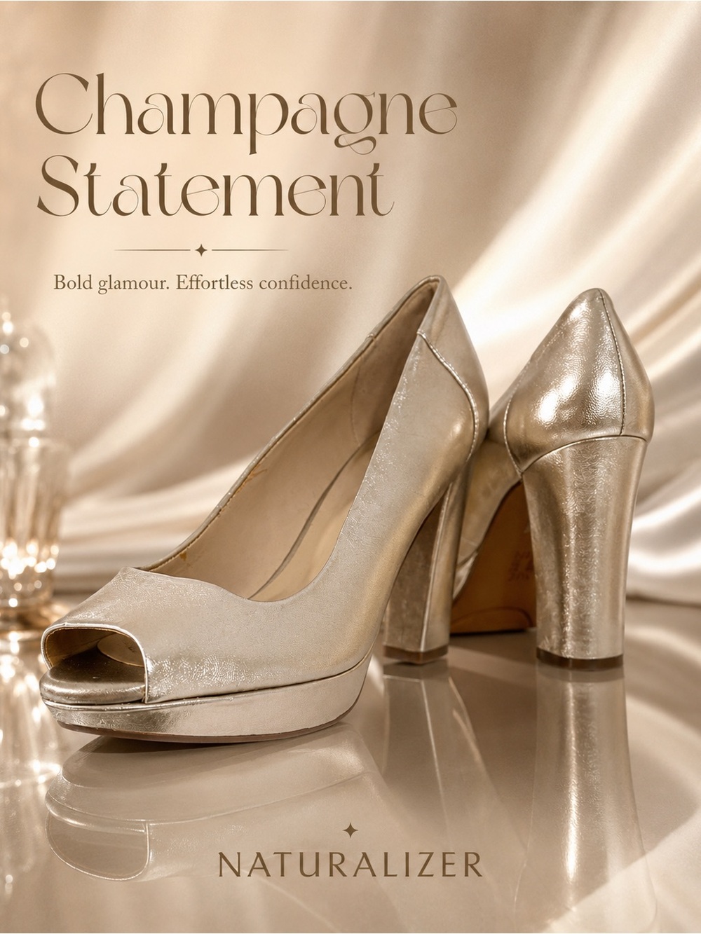 #57 Naturalizer Metallic Champagne Peep-Toe Block Heels